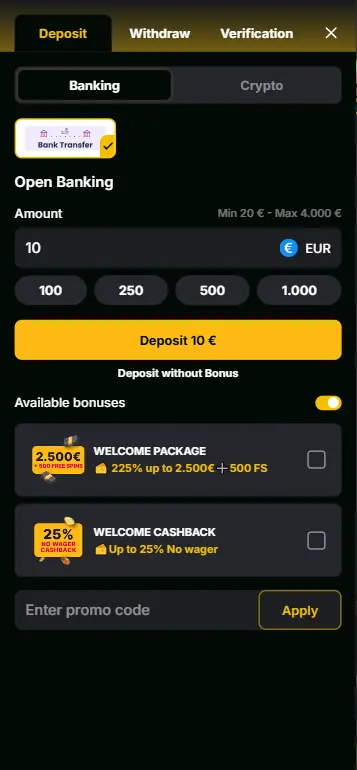 Deposit interface for Zeus Ze Zecond casino