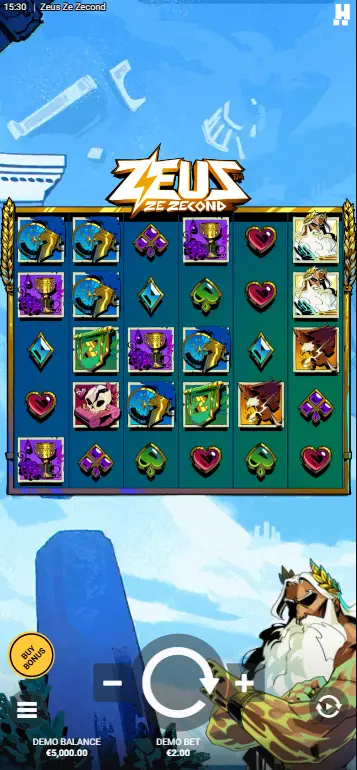 Vista completa del gioco base della slot Zeus Ze Zecond con Zeus e lo sfondo dei titani